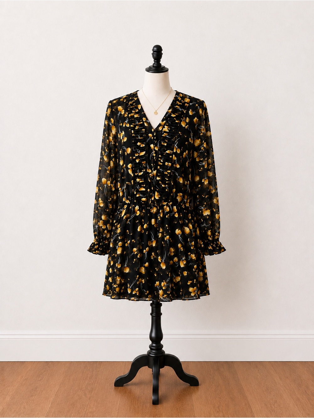 Black & Gold Ruffle V-Neck Mini Dress
